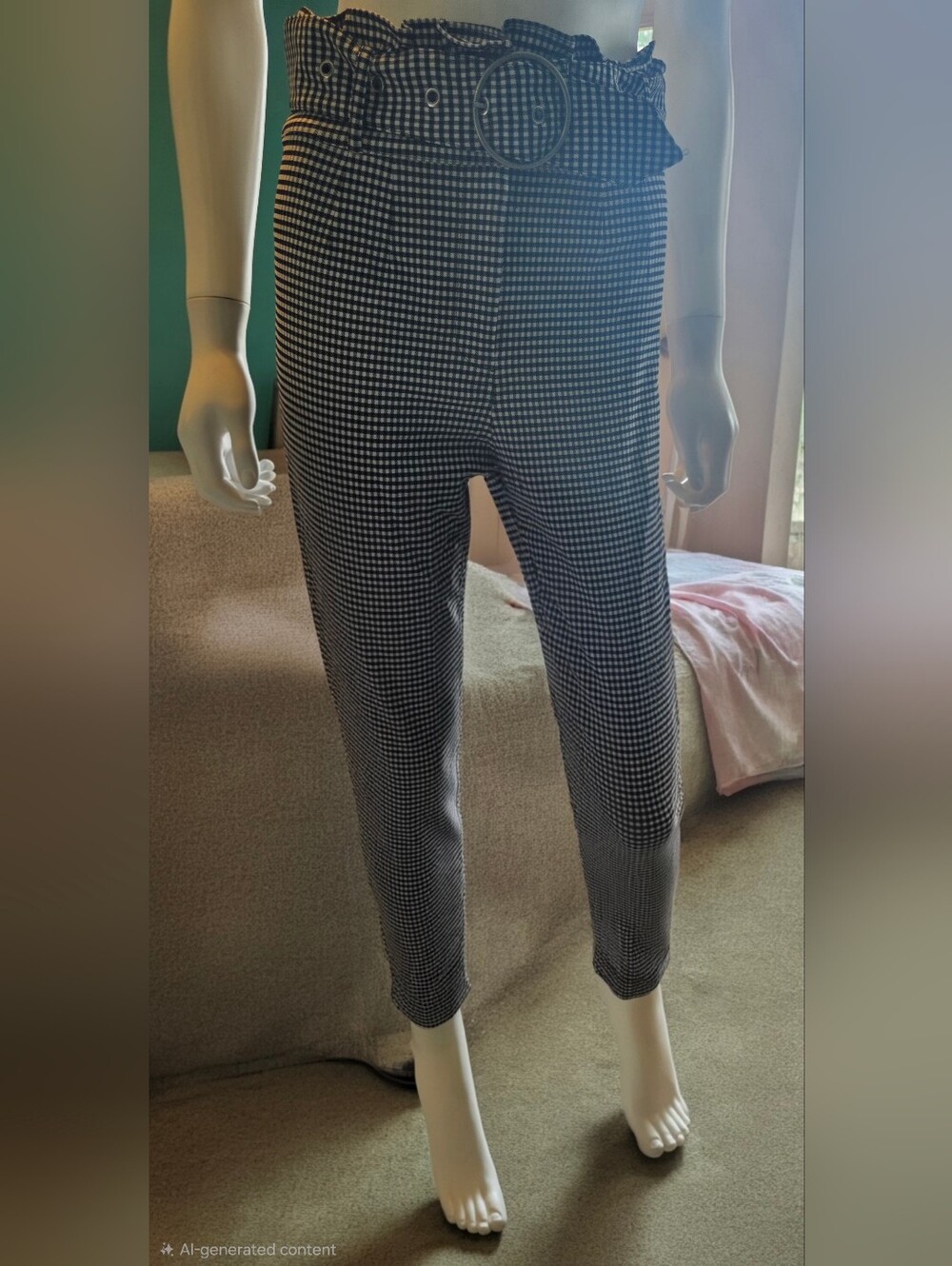 High-Waist Gingham Paperbag Pants with Belt - Black/White